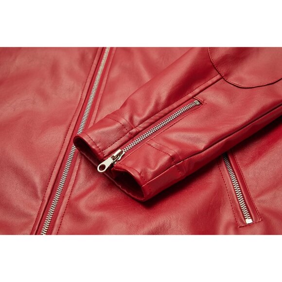 Men's Red Stand Collar Leather Motorcycle Lightweight Faux Leather Jacket - Picture 5 of 6